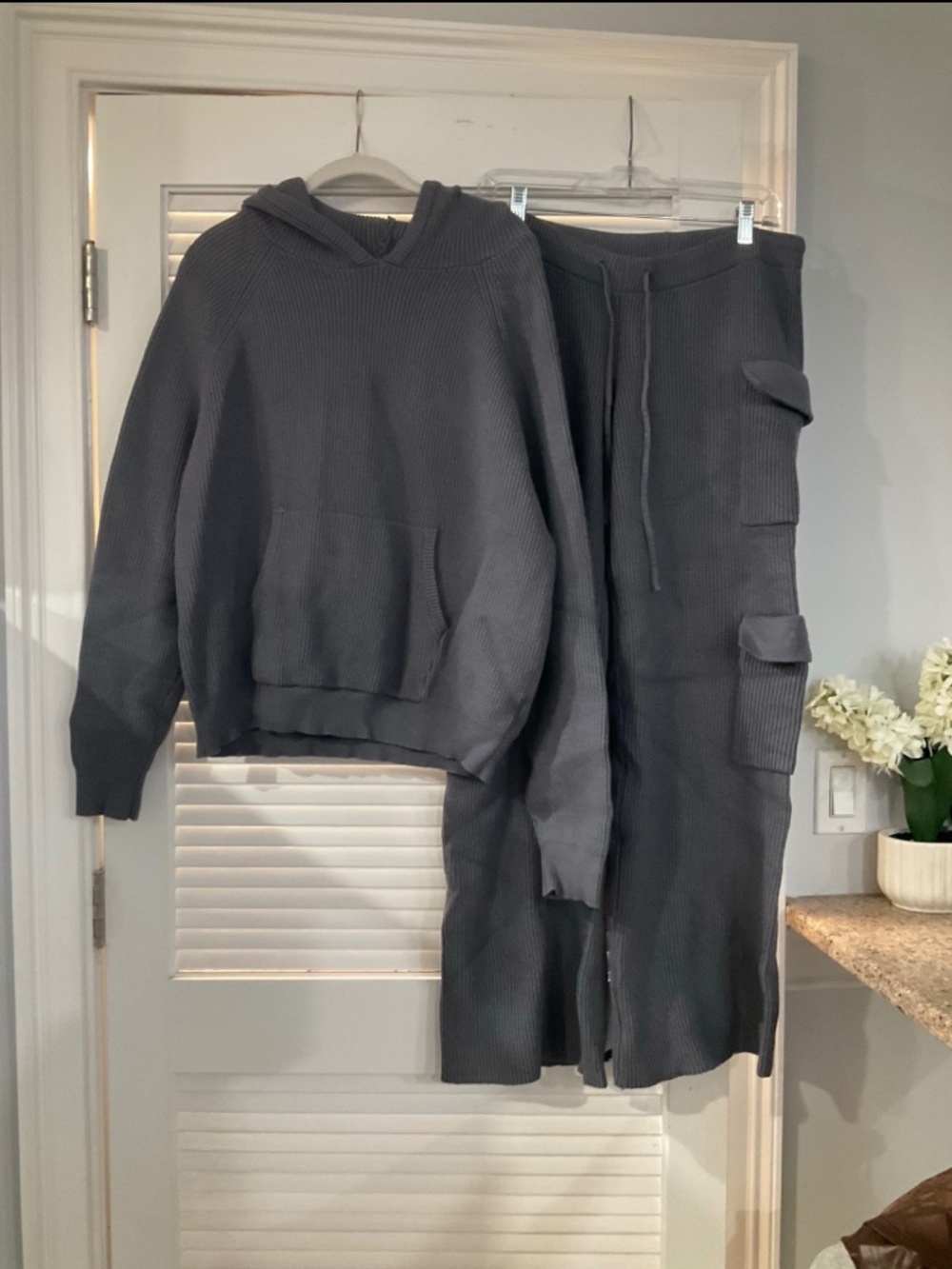 Edikted winter gray ribbed knit hoodie, and cargo pants matching set, size mediu